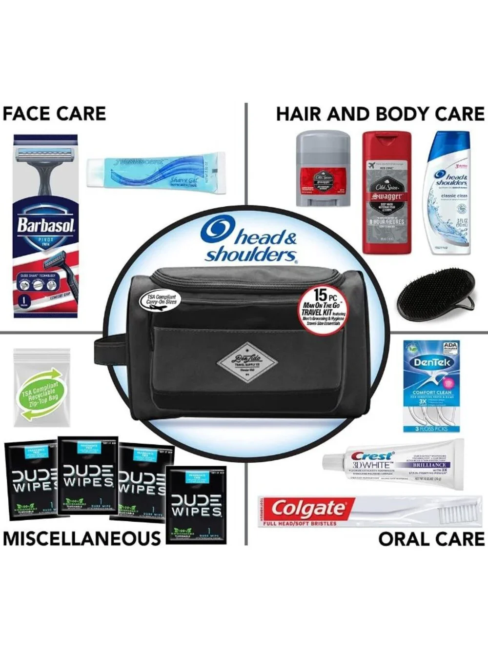 15-Piece Men's Travel Essentials Kit - TSA Compliant, Dandruff Shampoo & Scalp
